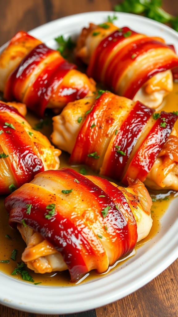 Bacon-wrapped chicken thighs on a platter, garnished with herbs, on a rustic wooden table.
